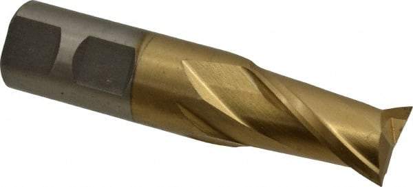 Interstate - 7/8", 1-1/2" LOC, 7/8" Shank Diam, 3-3/4" OAL, 2 Flute, High Speed Steel Square End Mill - Single End, TiN Finish, Spiral Flute, 30° Helix, Centercutting, Right Hand Cut, Right Hand Flute - USA Tool & Supply