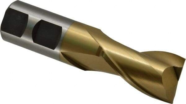 Interstate - 15/16", 1-1/2" LOC, 7/8" Shank Diam, 3-3/4" OAL, 2 Flute, High Speed Steel Square End Mill - Single End, TiN Finish, Spiral Flute, 30° Helix, Centercutting, Right Hand Cut, Right Hand Flute - USA Tool & Supply