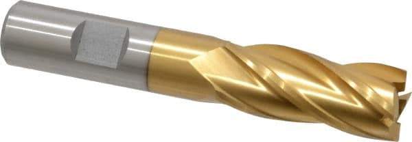 Interstate - 11/16", 1-5/8" LOC, 5/8" Shank Diam, 3-3/4" OAL, 4 Flute, High Speed Steel Square End Mill - Single End, TiN Finish, Spiral Flute, 30° Helix, Right Hand Cut, Right Hand Flute - USA Tool & Supply