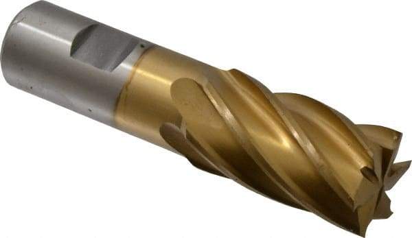 Interstate - 1-1/8", 2" LOC, 1" Shank Diam, 4-1/2" OAL, 6 Flute, High Speed Steel Square End Mill - Single End, TiN Finish, Spiral Flute, 30° Helix, Right Hand Cut, Right Hand Flute - USA Tool & Supply