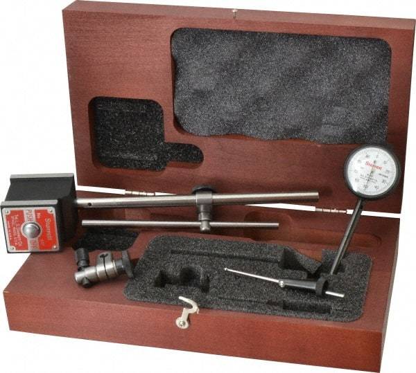 Starrett - 0.001" Graduation, 0-100 Dial Reading, Dial Indicator & Base Kit - 1-15/16" Base Length x 1-5/8" Base Width x 1-7/8" Base Height, 1-11/16" Dial Diam - USA Tool & Supply