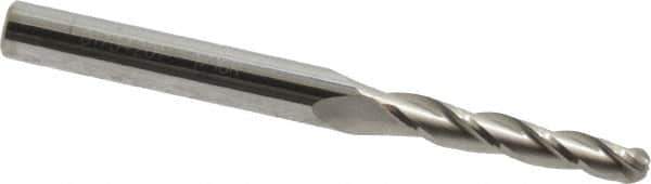Accupro - 1° Taper Angle per Side, 1/8" Small End Diam, 3/4" LOC, Solid Carbide 3 Flute Tapered Ball End Mill - 2" OAL, 3/16" Shank Diam - USA Tool & Supply