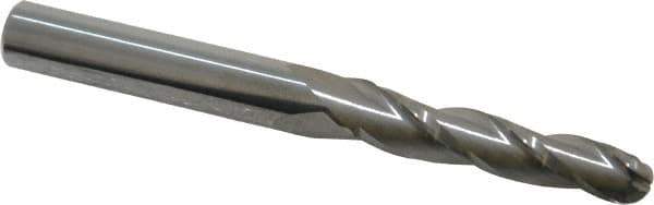 Accupro - 1° Taper Angle per Side, 1/4" Small End Diam, 1-1/4" LOC, Solid Carbide 3 Flute Tapered Ball End Mill - 3" OAL, 5/16" Shank Diam - USA Tool & Supply
