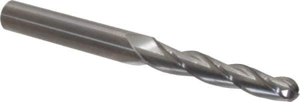 Accupro - 1° Taper Angle per Side, 3/8" Small End Diam, 2-1/4" LOC, Solid Carbide 3 Flute Tapered Ball End Mill - 5" OAL, 1/2" Shank Diam - USA Tool & Supply