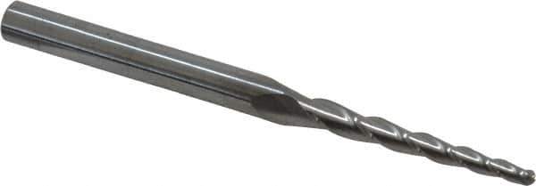 Accupro - 2° Taper Angle per Side, 5/64" Small End Diam, 1" LOC, Solid Carbide 3 Flute Tapered Ball End Mill - 2-1/2" OAL, 3/16" Shank Diam - USA Tool & Supply