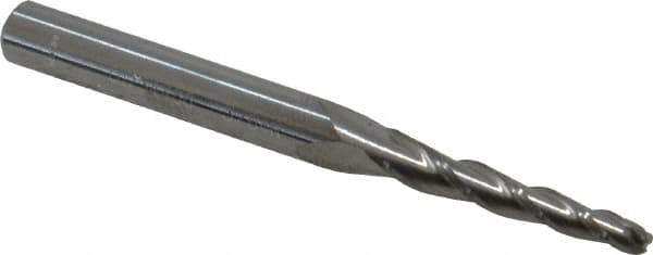 Accupro - 2° Taper Angle per Side, 3/32" Small End Diam, 3/4" LOC, Solid Carbide 3 Flute Tapered Ball End Mill - 2" OAL, 3/16" Shank Diam - USA Tool & Supply