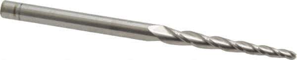 Accupro - 2° Taper Angle per Side, 3/32" Small End Diam, 1-1/4" LOC, Solid Carbide 3 Flute Tapered Ball End Mill - 3" OAL, 3/16" Shank Diam - USA Tool & Supply