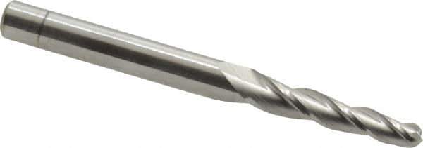Accupro - 2° Taper Angle per Side, 1/8" Small End Diam, 3/4" LOC, Solid Carbide 3 Flute Tapered Ball End Mill - 2" OAL, 3/16" Shank Diam - USA Tool & Supply