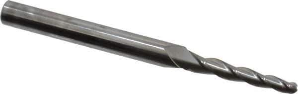 Accupro - 2° Taper Angle per Side, 1/8" Small End Diam, 1" LOC, Solid Carbide 3 Flute Tapered Ball End Mill - 3" OAL, 1/4" Shank Diam - USA Tool & Supply