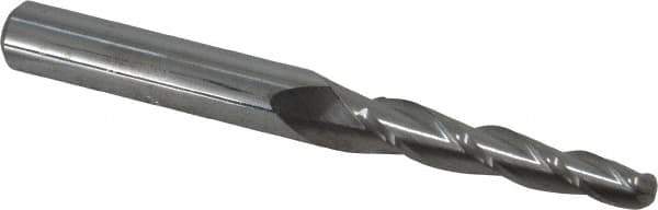 Accupro - 2° Taper Angle per Side, 3/16" Small End Diam, 1-1/4" LOC, Solid Carbide 3 Flute Tapered Ball End Mill - 3" OAL, 5/16" Shank Diam - USA Tool & Supply