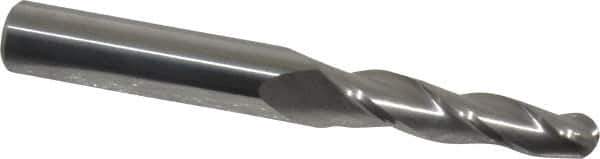 Accupro - 2° Taper Angle per Side, 1/4" Small End Diam, 1-1/4" LOC, Solid Carbide 3 Flute Tapered Ball End Mill - 3" OAL, 3/8" Shank Diam - USA Tool & Supply