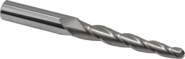 Accupro - 2° Taper Angle per Side, 1/4" Small End Diam, 2-1/4" LOC, Solid Carbide 3 Flute Tapered Ball End Mill - 4" OAL, 7/16" Shank Diam - USA Tool & Supply