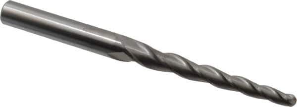 Accupro - 2° Taper Angle per Side, 1/4" Small End Diam, 3-1/4" LOC, Solid Carbide 3 Flute Tapered Ball End Mill - 6" OAL, 1/2" Shank Diam - USA Tool & Supply