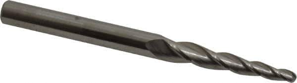 Accupro - 3° Taper Angle per Side, 1/8" Small End Diam, 1-1/4" LOC, Solid Carbide 3 Flute Tapered Ball End Mill - 3" OAL, 1/4" Shank Diam - USA Tool & Supply