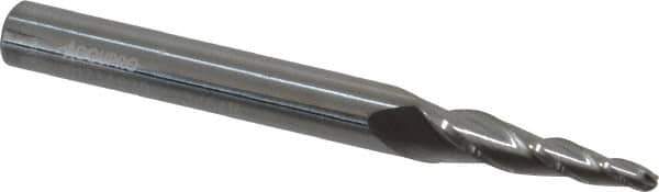 Accupro - 5° Taper Angle per Side, 3/32" Small End Diam, 3/4" LOC, Solid Carbide 3 Flute Tapered Ball End Mill - 2-1/2" OAL, 1/4" Shank Diam - USA Tool & Supply