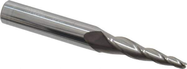 Accupro - 5° Taper Angle per Side, 1/8" Small End Diam, 1-1/4" LOC, Solid Carbide 3 Flute Tapered Ball End Mill - 3" OAL, 3/8" Shank Diam - USA Tool & Supply