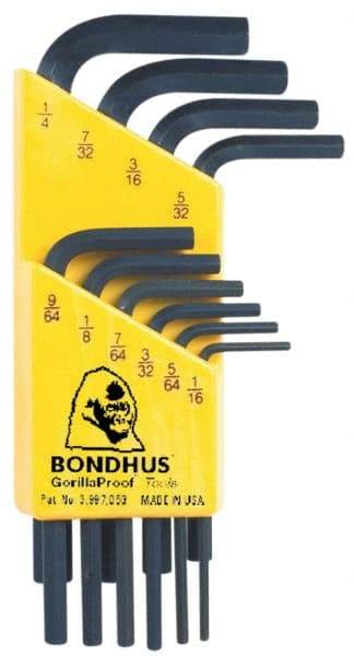 Bondhus - 10 Piece L-Key Hex Key Set - Hex Range 1/16 to 1/4" - USA Tool & Supply