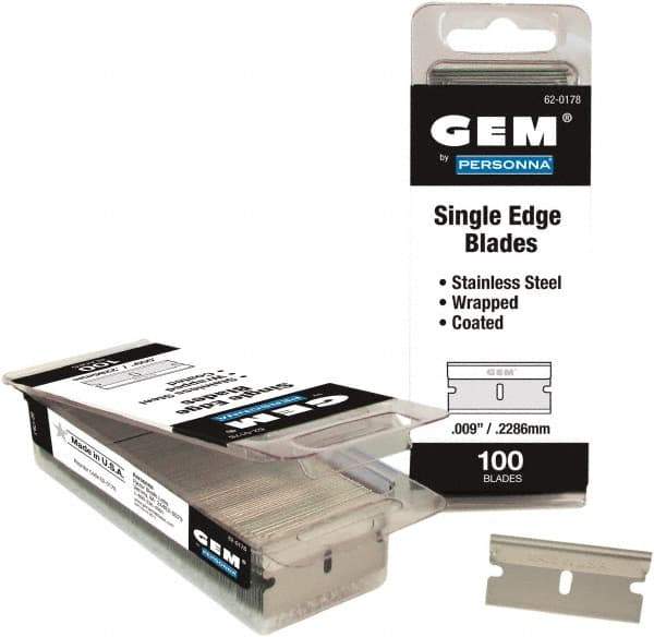 GEM - 100 Piece Stainless Steel Single Edge Blade - 1-1/2" OAL, 0.009" Blade Thickness - USA Tool & Supply