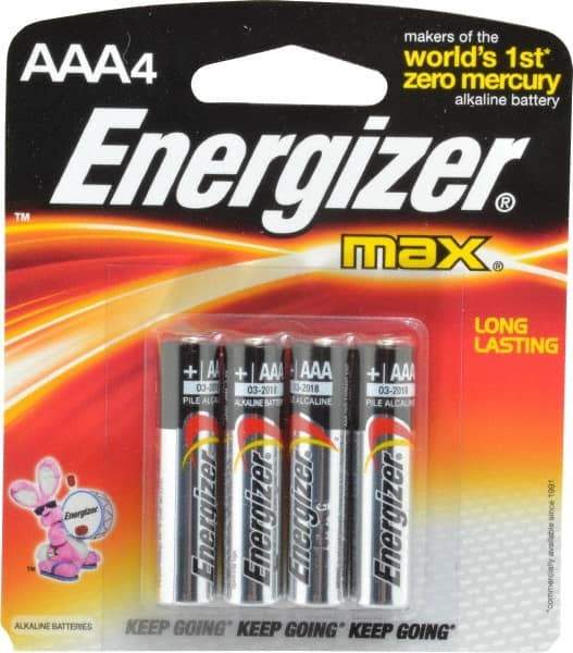 Energizer - Size AAA, Alkaline, 4 Pack, Standard Battery - 1.5 Volts, Button Tab Terminal, LR03, ANSI, IEC Regulated - USA Tool & Supply