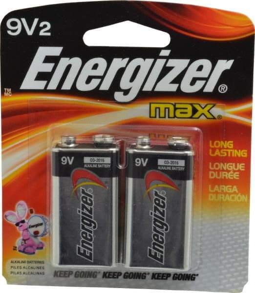 Energizer - Size 9V, Alkaline, 2 Pack, Standard Battery - 9 Volts, Miniature Snap Terminal, 6LR61, ANSI, IEC Regulated - USA Tool & Supply