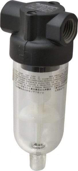 Norgren - 1/4" Port, 4-1/4" High x 1.63" Wide Miniature Filter with Polycarbonate Bowl, Automatic Drain - 24 SCFM, 150 Max psi, 125°F Max Temp, 1 oz Bowl Capacity - USA Tool & Supply