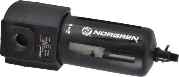 Norgren - 1/2" Port, 7.95" High x 3.15" Wide Standard Filter with Polycarbonate Bowl, Manual Drain - 140 SCFM, 150 Max psi, 125°F Max Temp, Modular Connection, Bowl Guard, 7 oz Bowl Capacity - USA Tool & Supply