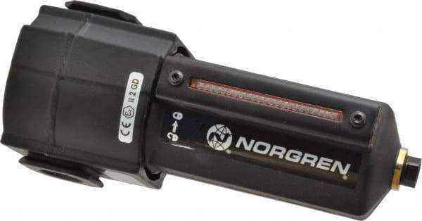 Norgren - 1/2" Port, 7.95" High x 3.15" Wide Standard Filter with Metal Bowl, Automatic Drain - 140 SCFM, 250 Max psi, 150°F Max Temp, Sight Glass Included, Modular Connection, 7 oz Bowl Capacity - USA Tool & Supply