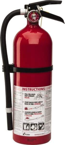 Kidde - 5 Lb, 3-A:40-B:C Rated, Dry Chemical Fire Extinguisher - 4-1/2" Diam x 16.07" High, 195 psi, 18' Discharge in 15 sec, Rechargeable, Seamless Aluminum Cylinder - USA Tool & Supply