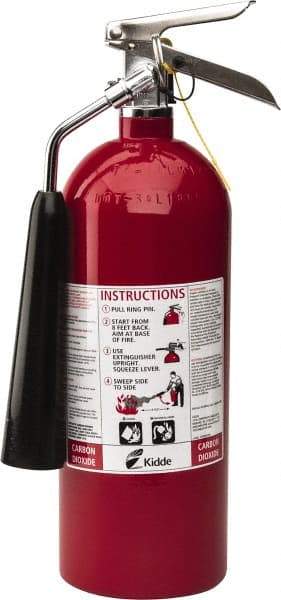 Kidde - 5 Lb, 10-A:80-B:C Rated, Carbon Dioxide Fire Extinguisher - 5-1/4" Diam x 17" High, 850 psi, 8' Discharge in 9 sec, Rechargeable, Aluminum Cylinder - USA Tool & Supply