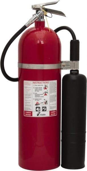 Kidde - 15 Lb, 10-B:C Rated, Carbon Dioxide Fire Extinguisher - 6.87" Diam x 26" High, 850 psi, 8' Discharge in 14 sec, Rechargeable, Aluminum Cylinder - USA Tool & Supply
