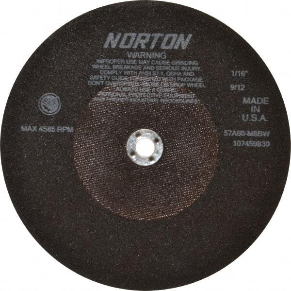 Norton - 10" 60 Grit Aluminum Oxide Cutoff Wheel - 1/16" Thick, 5/8" Arbor, 4,585 Max RPM, Use with Stationary Tools - USA Tool & Supply