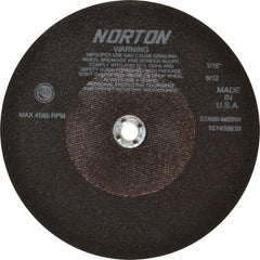 Norton - 10" 60 Grit Aluminum Oxide Cutoff Wheel - 1/16" Thick, 5/8" Arbor, 4,585 Max RPM, Use with Stationary Tools - USA Tool & Supply