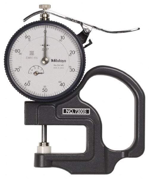 Mitutoyo - 0 to 1/2 Inch Measurement, 0.001 Inch Graduation, 1.1811 Inch Throat Depth, Dial Thickness Gage - 0.001 Inch Accuracy, 1.4 N Force, 2 Inch Dial Diameter - USA Tool & Supply