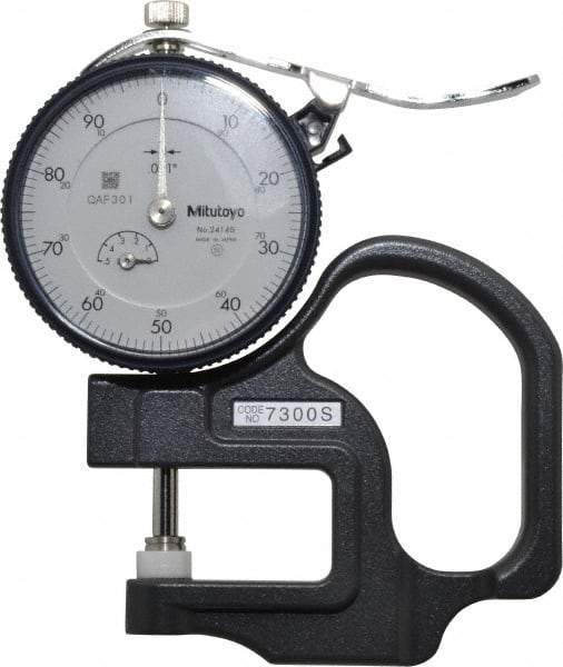 Mitutoyo - 0 to 1/2 Inch Measurement, 0.001 Inch Graduation, 1.1811 Inch Throat Depth, Dial Thickness Gage - 0.001 Inch Accuracy, 1.4 N Force, 2 Inch Dial Diameter - USA Tool & Supply