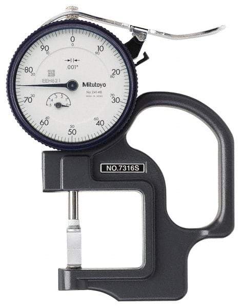 Mitutoyo - 0 to 1/2 Inch Measurement, 0.001 Inch Graduation, 1.1811 Inch Throat Depth, Dial Thickness Gage - 0.001 Inch Accuracy, 1.4 N Force, 2 Inch Dial Diameter - USA Tool & Supply