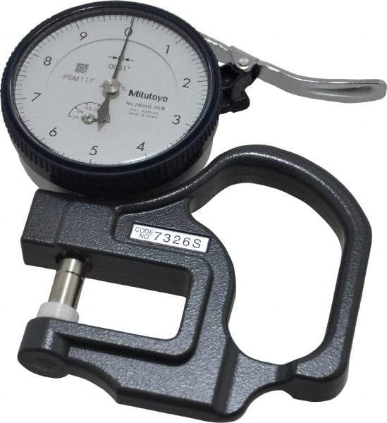 Mitutoyo - 0 to 0.05 Inch Measurement, 0.00005 Inch Graduation, 1.1811 Inch Throat Depth, Dial Thickness Gage - 0.0002 Inch Accuracy, 1.4 N Force, 2 Inch Dial Diameter - USA Tool & Supply