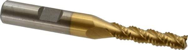 Interstate - 1/4" Diam, Coarse Pitch, 1-1/8" LOC, 3 Flute Cobalt Roughing Square End Mill - TiN Finish, 2-15/16" OAL, 3/8" Shank Diam, Single End, Centercutting - USA Tool & Supply