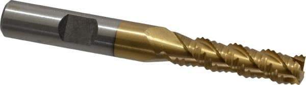 Interstate - 5/16" Diam, Coarse Pitch, 1-1/8" LOC, 3 Flute Cobalt Roughing Square End Mill - TiN Finish, 2-15/16" OAL, 3/8" Shank Diam, Single End, Centercutting - USA Tool & Supply