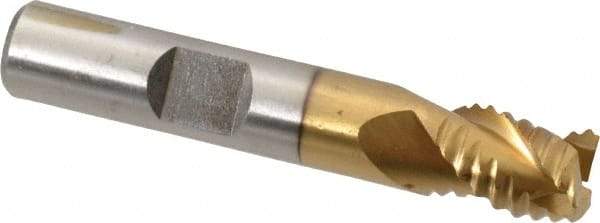 Interstate - 3/8" Diam, Coarse Pitch, 7/16" LOC, 3 Flute Cobalt Roughing Square End Mill - TiN Finish, 2-3/16" OAL, 3/8" Shank Diam, Single End, Centercutting - USA Tool & Supply