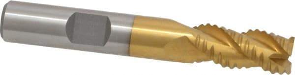 Interstate - 3/8" Diam, Coarse Pitch, 3/4" LOC, 3 Flute Cobalt Roughing Square End Mill - TiN Finish, 2-1/2" OAL, 3/8" Shank Diam, Single End, Centercutting - USA Tool & Supply