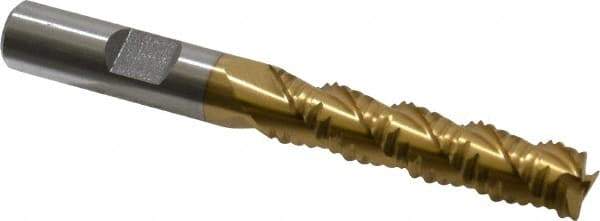 Interstate - 3/8" Diam, Coarse Pitch, 1-5/8" LOC, 3 Flute Cobalt Roughing Square End Mill - TiN Finish, 3-3/16" OAL, 3/8" Shank Diam, Single End, Centercutting - USA Tool & Supply