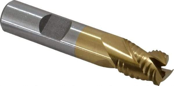 Interstate - 1/2" Diam, Coarse Pitch, 5/8" LOC, 3 Flute Cobalt Roughing Square End Mill - TiN Finish, 2-5/8" OAL, 1/2" Shank Diam, Single End, Centercutting - USA Tool & Supply