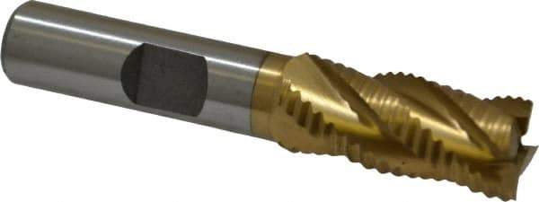 Interstate - 7/16" Diam, Fine Pitch, 1" LOC, 4 Flute Cobalt Roughing Square End Mill - TiN Finish, 2-5/16" OAL, 3/8" Shank Diam, Single End - USA Tool & Supply