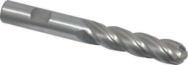 Interstate - 1/2" Diam, 2" LOC, 4 Flute High Speed Steel Ball End Mill - Uncoated, Single End, 4" OAL, 1/2" Shank Diam, Spiral Flute - USA Tool & Supply