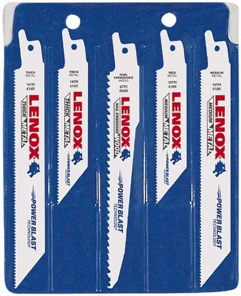 Lenox - 5 Piece, 4" to 6" Long x 0.035" to 0.05" Thick, Bi-Metal Reciprocating Saw Blade Set - Tapered Profile, 6 to 18 Teeth per Inch, Toothed Edge - USA Tool & Supply