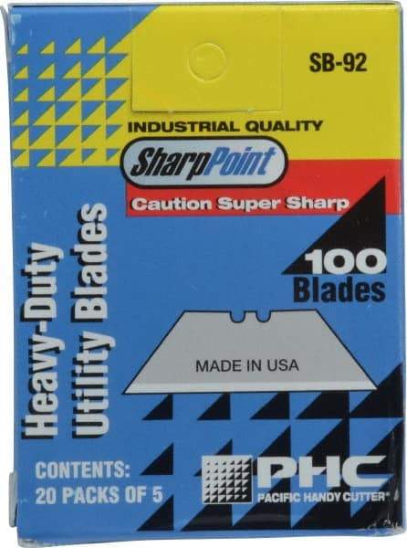 PHC - 100 Piece Carbon Steel Utility Knife Blade - 2-3/4" OAL, 0.025" Blade Thickness - USA Tool & Supply