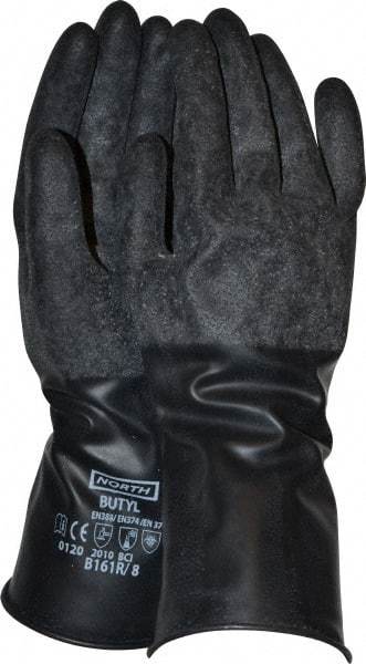 North - Size M (8), 11" Long, 16 mil Thick, Butyl Chemical Resistant Gloves - Textured Finish, Rolled Cuff, Black - USA Tool & Supply