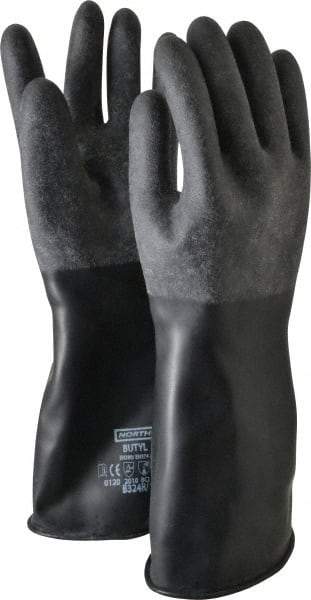 North - Size L (9), 14" Long, 32 mil Thick, Butyl Chemical Resistant Gloves - Textured Finish, Rolled Cuff, Black - USA Tool & Supply