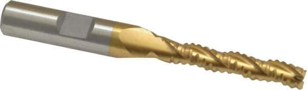 Interstate - 1/4" Diam, 1-3/8" LOC, 3 Flute Cobalt Roughing & Finishing Square End Mill - TiN Finish, 3-1/8" OAL, 3/8" Shank Diam, Weldon Shank, 30° Helix, Non-Centercutting - USA Tool & Supply
