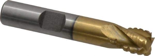 Interstate - 3/8" Diam, 7/16" LOC, 4 Flute Cobalt Roughing & Finishing Square End Mill - TiN Finish, 2-3/16" OAL, 3/8" Shank Diam, Weldon Shank, 30° Helix, Non-Centercutting - USA Tool & Supply